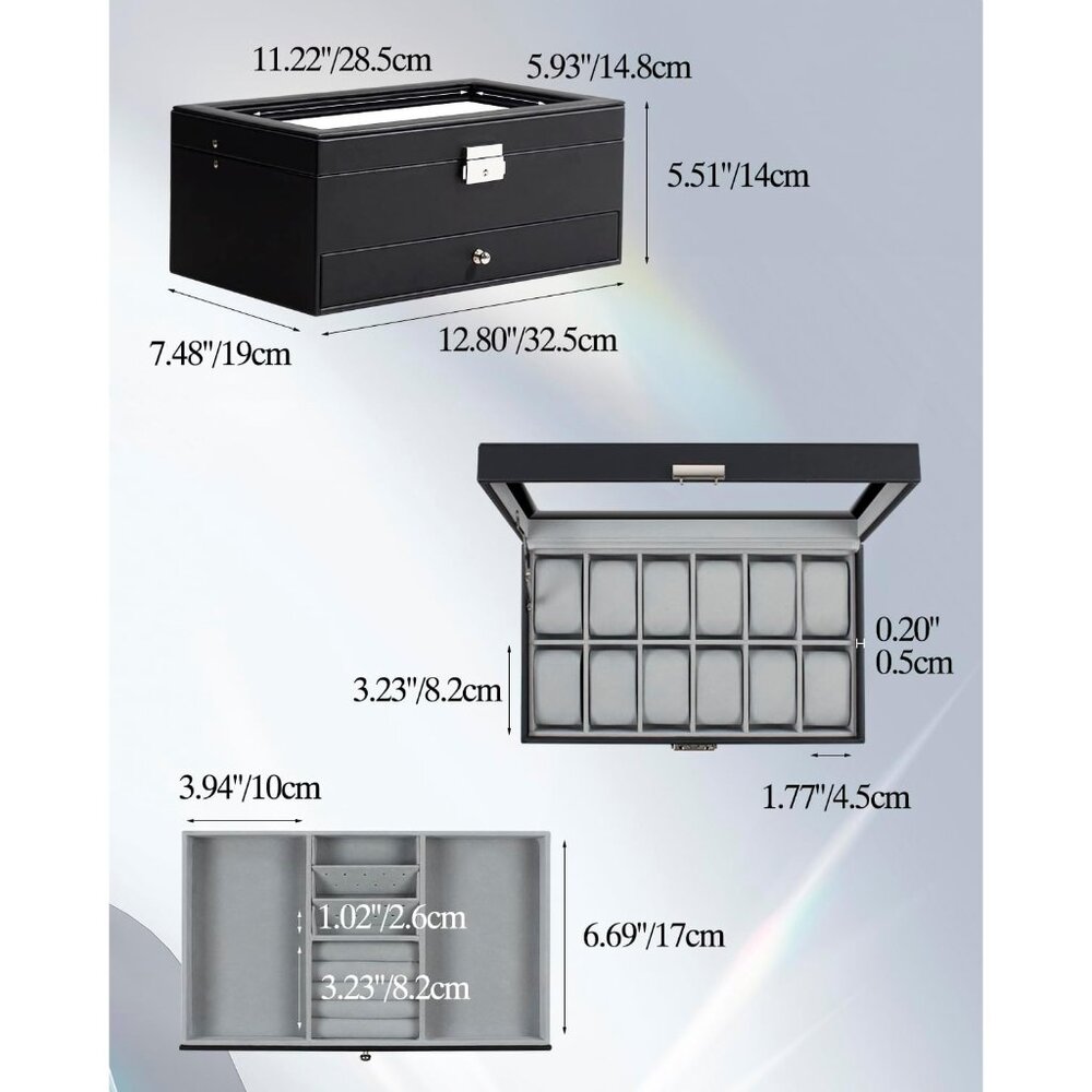 Watch Box 12 Slot Watch Display Organizer Leather Jewelry Case Drawer Glass Birt - Picture 3 of 8